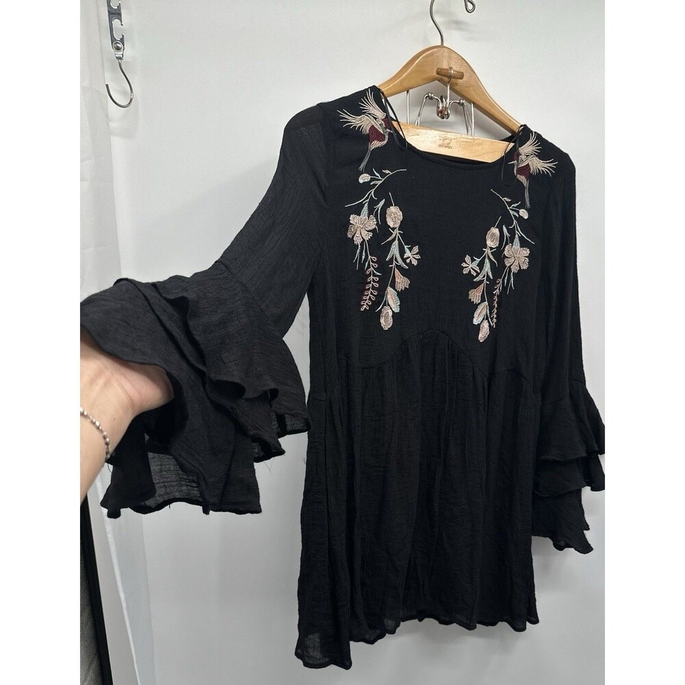 Umgee Black  Embroidered Ruffle-Sleeve Tunic Dress –mini  Long Sleeves M Flowie